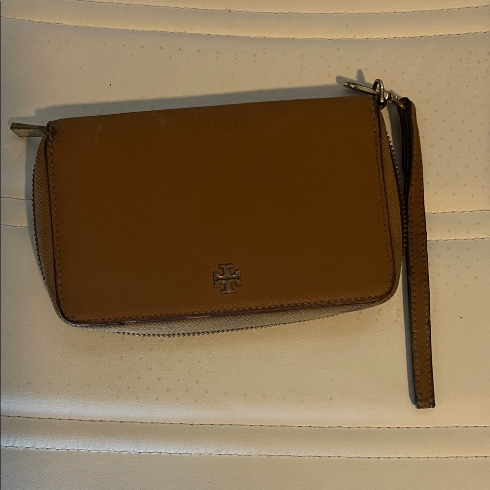 Tory Burch Tan Saffiano Leather Zip Wristlet
